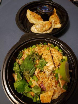 Potstickers and grilled chicken pad thai