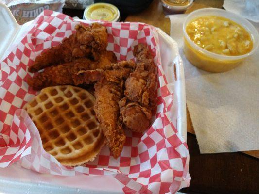 Chicken waffles mac and cheese