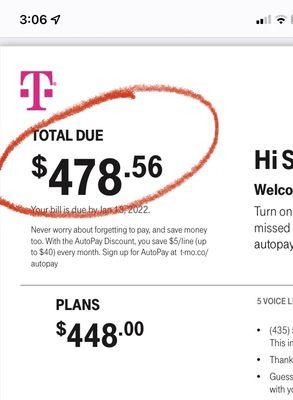 My new T-Mobile bill: $478.56.  Not within $5 of my old Sprint bill by a long shot.