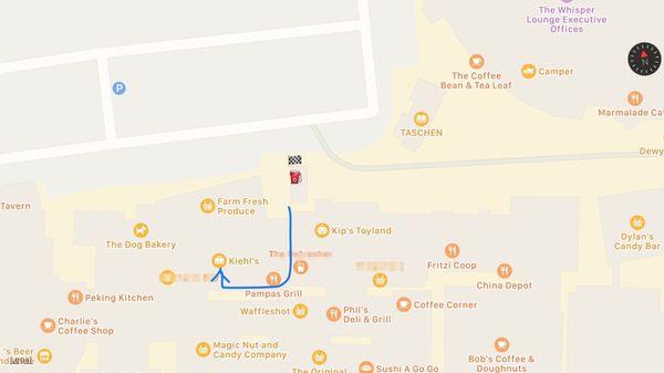 Map on how to find the Kiehl's stall. Start at the Gilmore gas pump entrance.