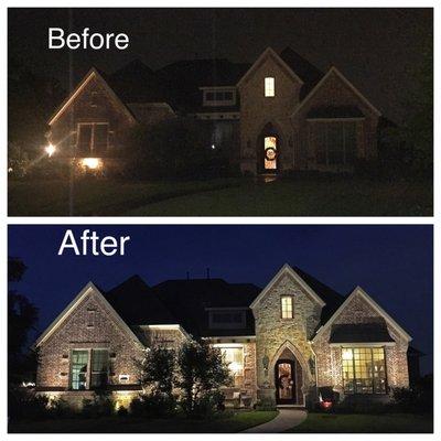 Here is the before and after of our new outdoor lighting!