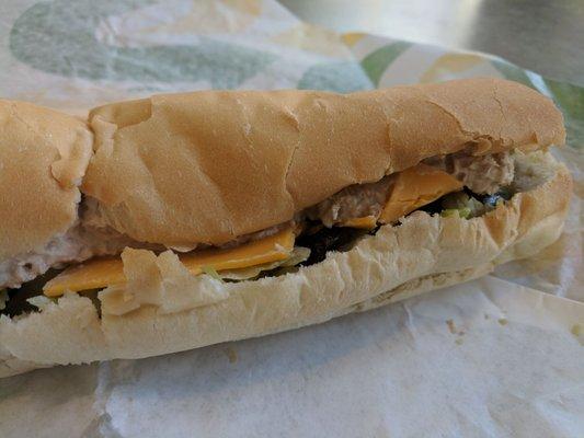 Tuna footlong on Italian bread with cheddar cheese