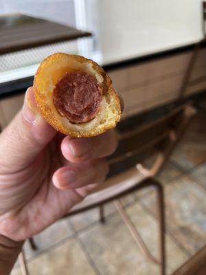 Inside the MINI CORN DOGS.