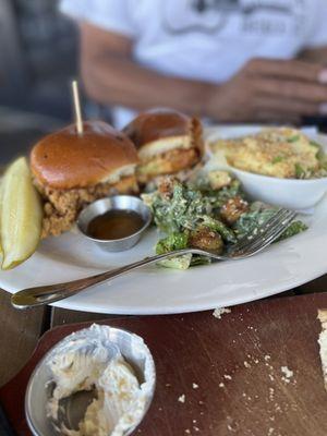 Potato augratin (spell?), Caesar salad, sandwiches