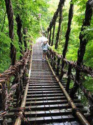 Walking across a hanging bridge in Shikoku