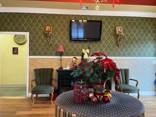 Waiting area decorated for the holidays