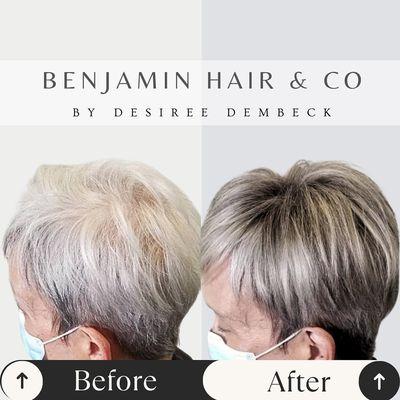 Custom Hair Toppers at Benjamin Hair & Co. Styled and colored to perfection, our hair toppers and wigs are ideal for those facing Alopecia,