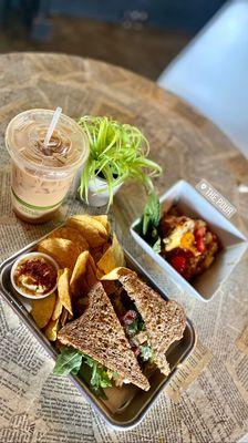 Farmer's Market Sandwich, Breakfast Casserole, and Iced Caramel Macchiato.