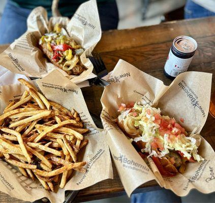 Fries, vegan brat, and wild boar brat