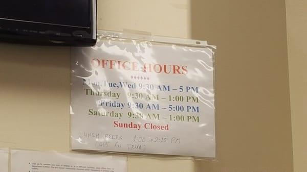 Hours as of August 2015