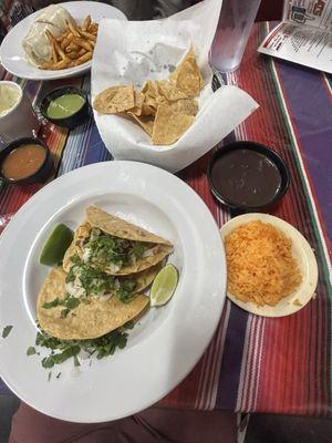 Carnitas Tacos with Rice and Refried Black Beans