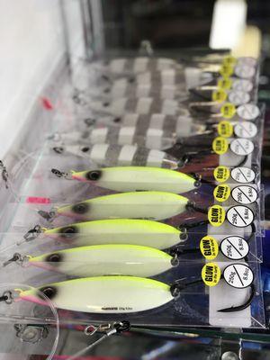 Custom rigged Shimano Flat Falls with 200# fluorocarbon leaders, welded rings, and big, strong, and sharp owner Jobu hooks.