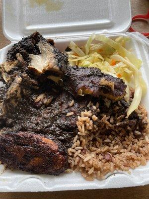 Jerk chicken with sauce, plantains, cabbage and rice. Jerk Chicken Jerk Chicken Jerk Chicken Jerk Chicken Jerk Chicken