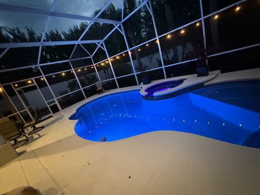 Midnight blue finish with led pool and spa lights