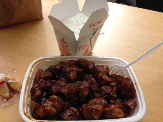 General Tso's Chicken. Entrée with white rice.