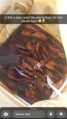 T1. Teriyaki Chicken with way to much sauce. I can't even take it if the bag because sauce is all over.