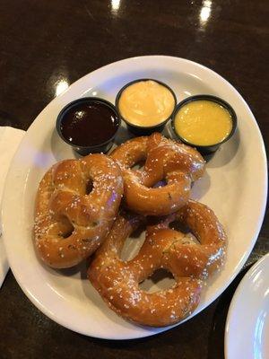 Soft pretzels... beer cheese, BBQ and honey mustard.