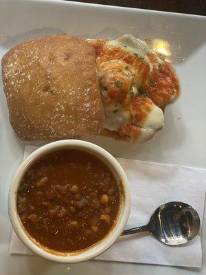 Lunch special - cup of chili  and meatball sandwich