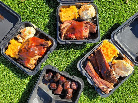 chicken, brisket, ribs, mac n' cheese, loaded potato salad, pork belly burnt ends