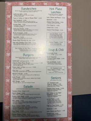 Back of menu