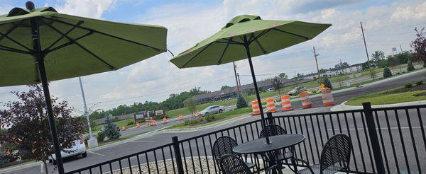 patio with umbrellas