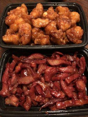 General Tso's Chicken on top. boneless spare ribs on the bottom