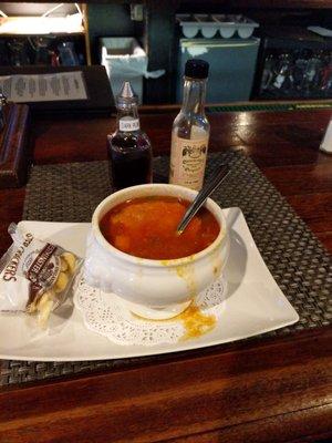 Caribbean fish chowder awesome with dark rum and Sherry's pepper sauce awesome