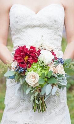 Amanda's bouquet With Dinner Plate Dahlia, hydrangea, roses and Vibernum Berries