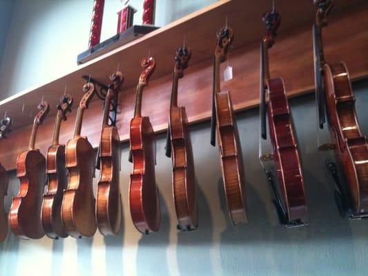 A row of violins waiting for homes.