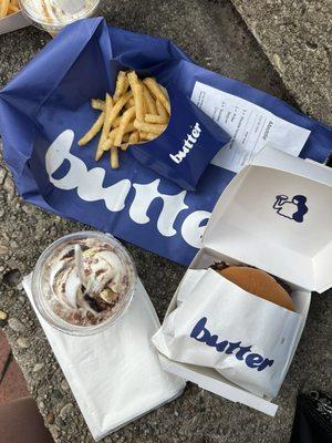 Soft serve ice cream, double burger, fries