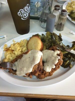 Country fried steak, collards, mac cheese and Brussels sprouts!