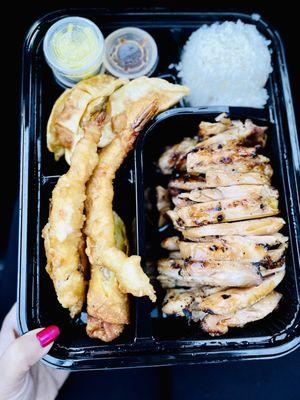 Chicken Teriyaki and Gyoza Combination Special, Prawn Tempura, Pork Egg Roll, Bento A