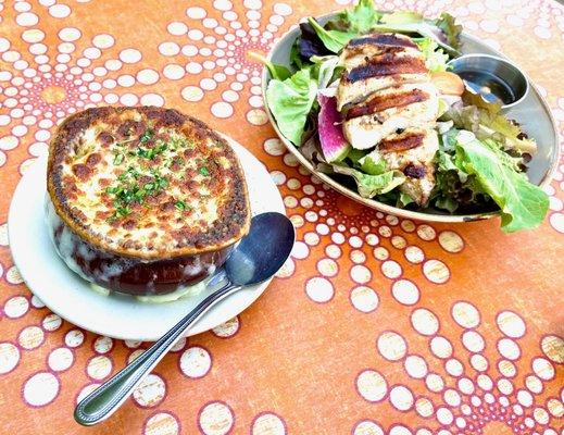 L to R: French Onion Soup, Salad w/ Chicken