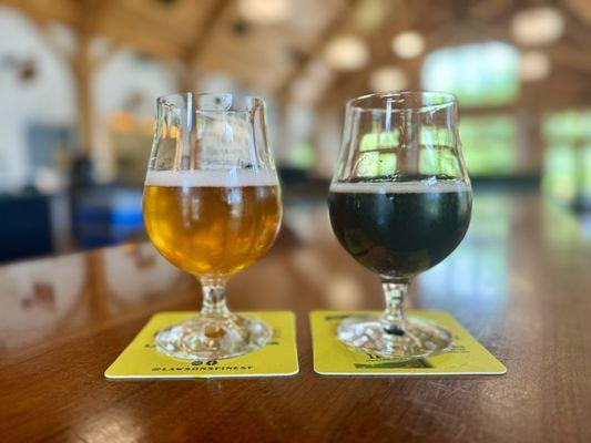 "Double Sunshine" (Double IPA) and "Barrel-Aged Wee Heavy" (Rye Whiskey Barrel-Aged Scotch Ale)