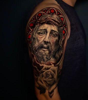 Stunning Jesus Portrait tattoo done by Aaron.