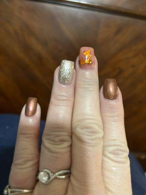 Beautiful brown, great gold and a Fall color with orange leaves on it. Beautiful for Fall!!!