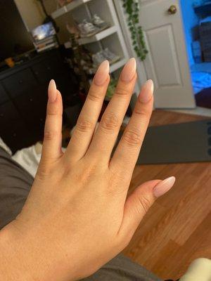 Almond shaped acrylic nails, light nude shade (forgot what #...32-36)