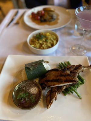 Pork chops with sticky rice and asparagus