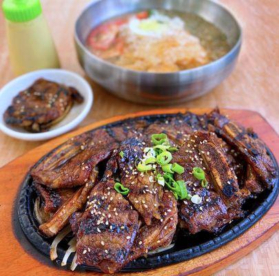 Galbi: Korean BBQ Short Ribs | $31.95 (Mul Naengmyeon: Korean cold noodles in the background)