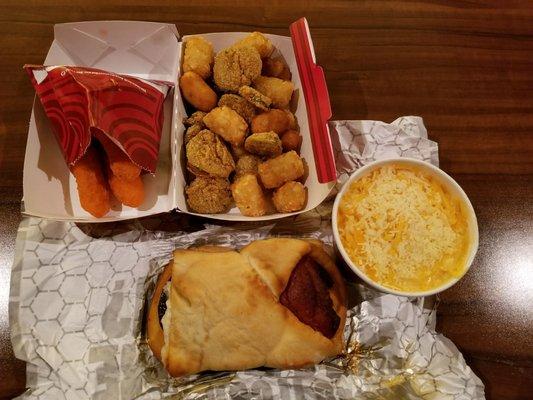 Mac and cheese Cheetos, appetizer sampler, Mac and cheese, and pepperoni rolls