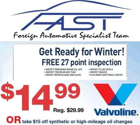 $14.99 oil change, Free winter inspection, Free check engine diagnostic