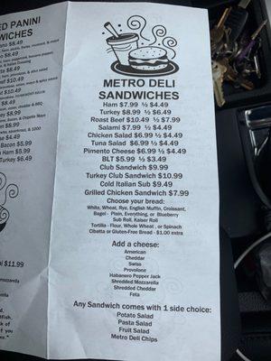 Sandwich menu