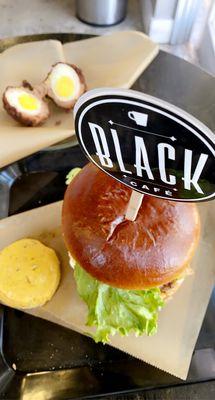 Big Black Burger and scotch egg