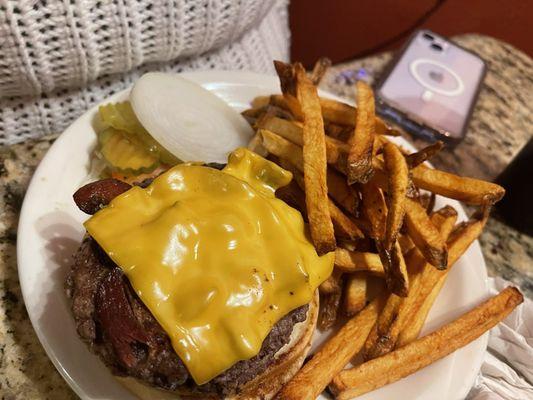 A beautiful bacon cheeseburger!