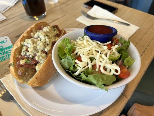 Bleu cheese bratwurst sandwich. Really, really good!