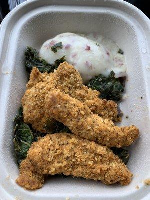 Chicken tenders with turnip mash!! Delicious. 320 calories, 27g protein and only 490 mg sodium.