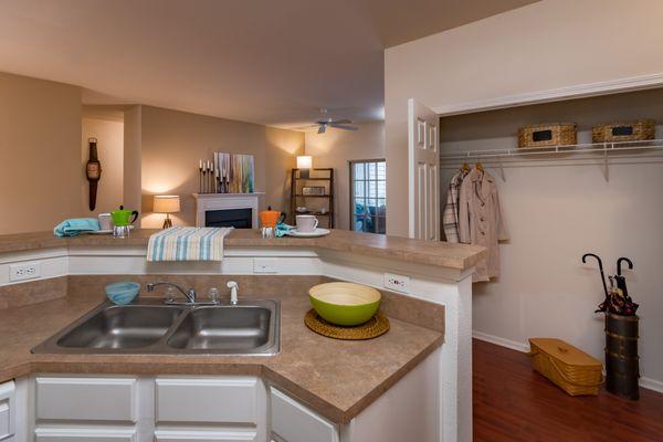 Large coat closet near main entrance. Part of the generous kitchen counter space is also visible. Notice the fireplace in living room.