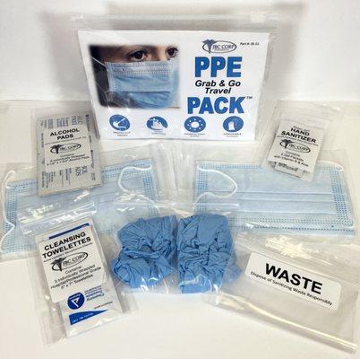 The Grab & Go Packs are available in a variety of assemblies containing masks, gloves, sanitizer wipes, and a waste bag.