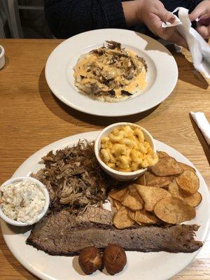 Brisket and pulled pork plate, mashed potatoes bowl with pulled pork and beer cheese