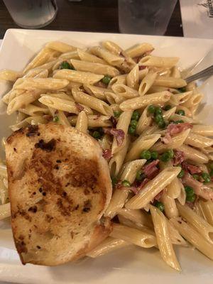 Penne Carbonara and garlic bread